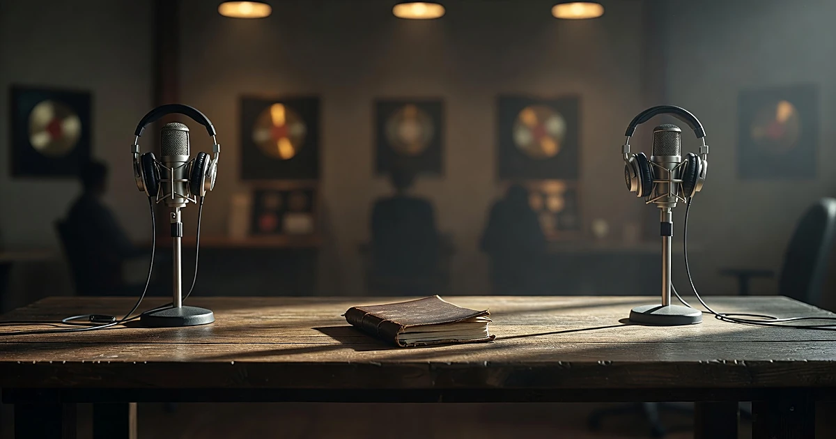 Two empty microphone stands with headphones in a recording studio, separated by distance across a wooden table
