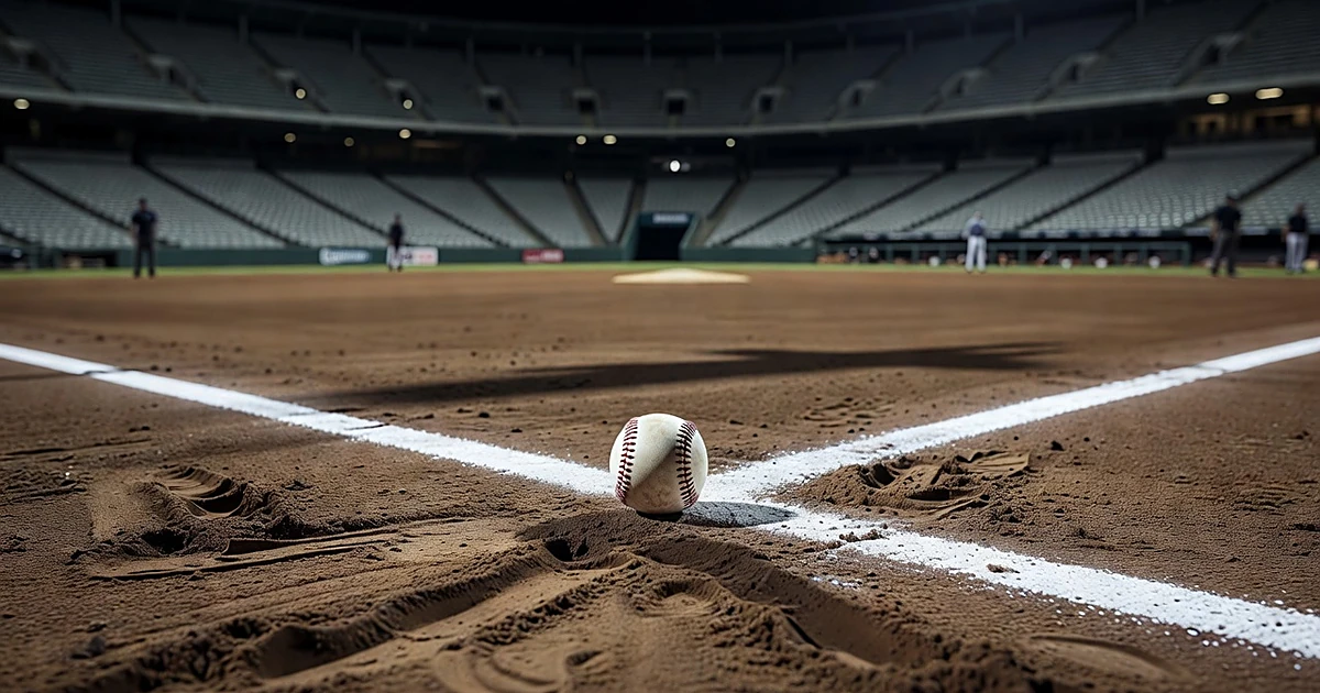 Baseball on infield dirt near foul line in empty stadium at night with glowing lights in background
