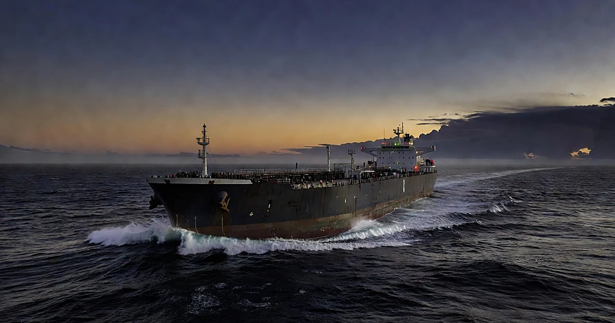 Large oil tanker ship moving through dark ocean waters at dusk with dramatic sky